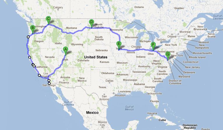A map of our trip across the US