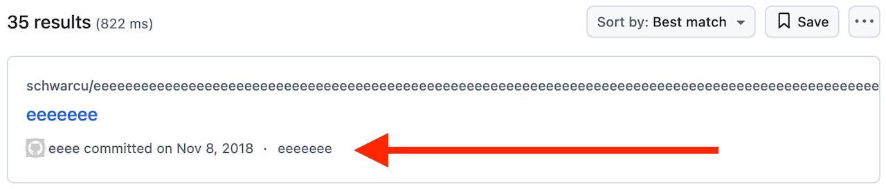 Github search result for a commits with and ID of 'eeeeeee'