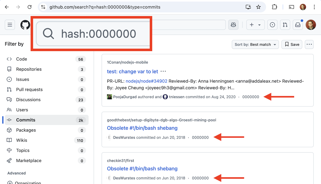 Github search page including a search for commits with an ID of 0000000