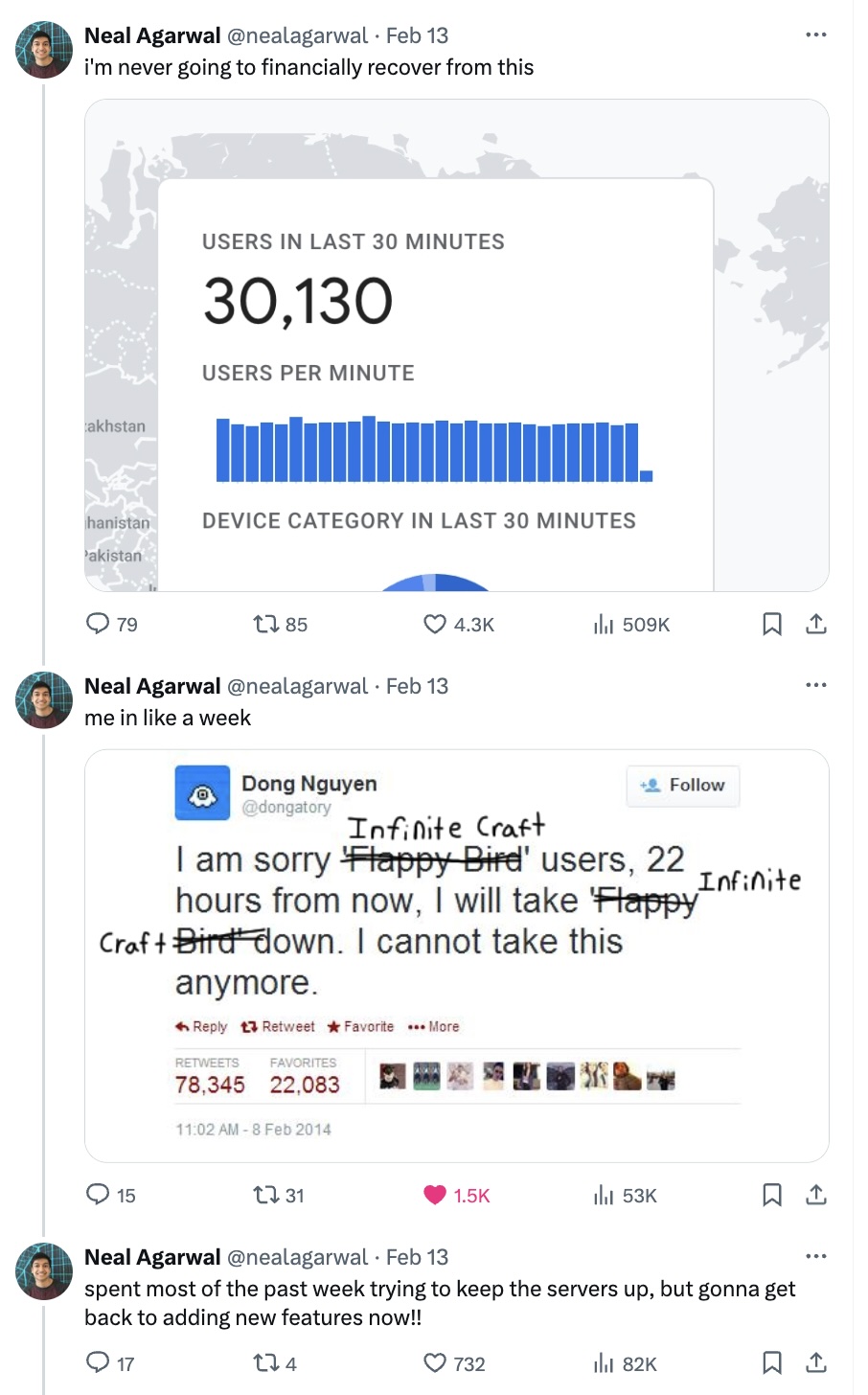 Tweets from Neal Agarwal after Infinite Craft went viral