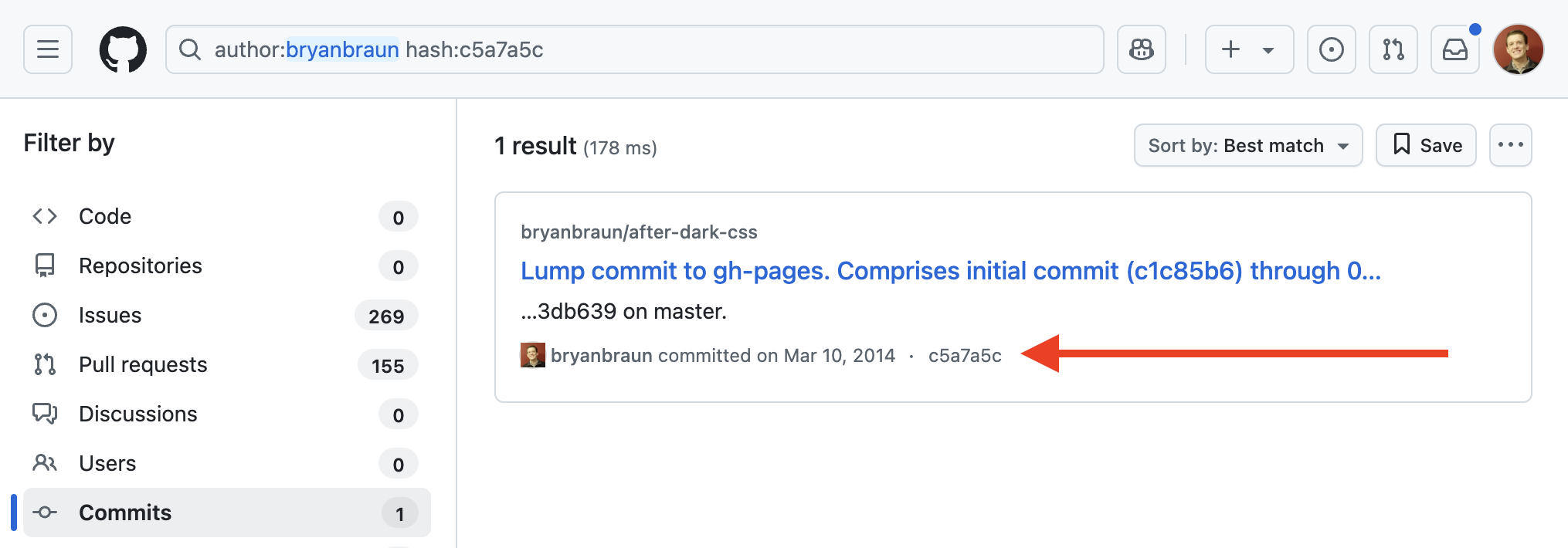 Github search page including a commit with an ID of c5a7a5c