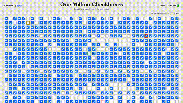 A screen-capture of onemillioncheckboxes.com, shortly after it launched.